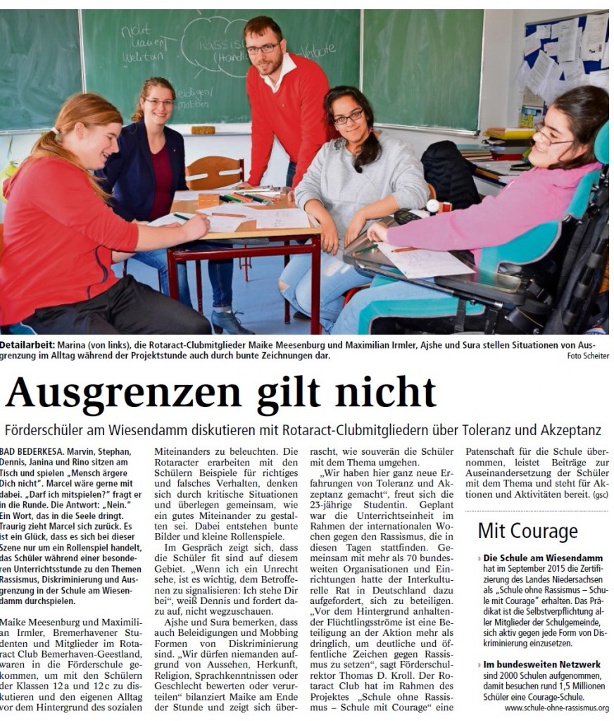12.03.2016 Nordsee Zeitung Schule am Wiesendamm Unterrichtseinheit